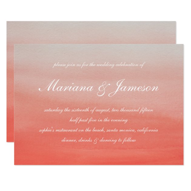 Coral Sunset Beach Watercolor Wedding Invitation