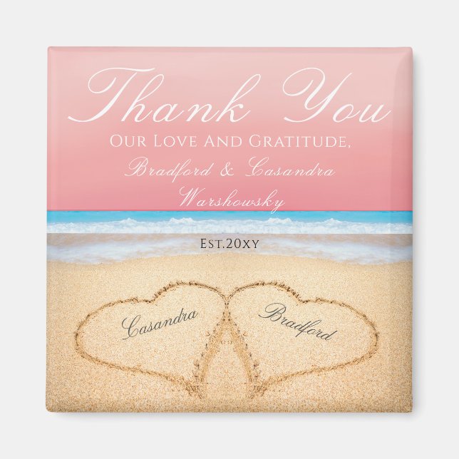 Coral Sunset Peach  Beach Wedding 2 Hearts Sand Magnet (Front)