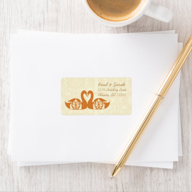 Coral Swan Damask Wedding labels (Insitu)