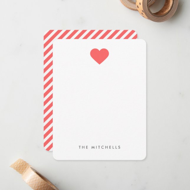 Coral Sweet Heart Monogram Stationery Note Card (Front/Back In Situ)
