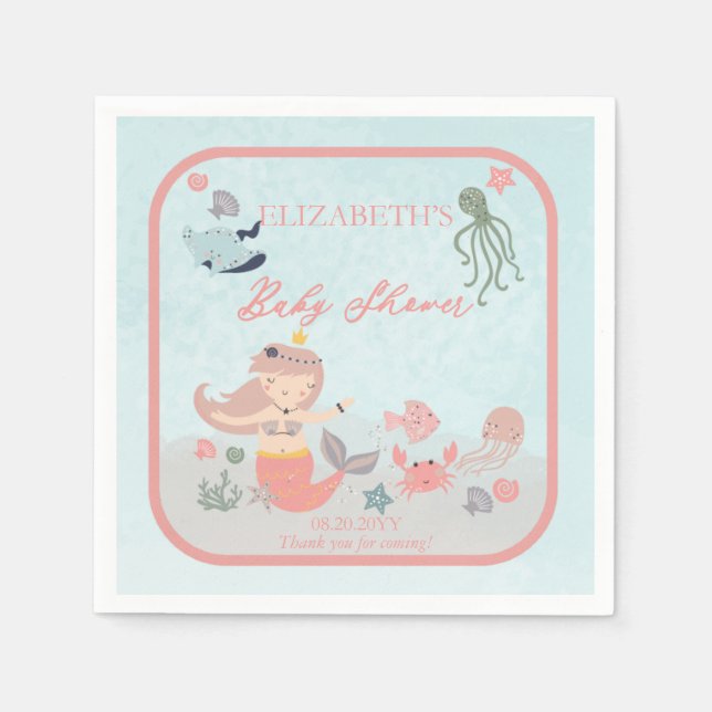 Coral Sweet Little Mermaid Sea Girl Baby Shower Napkins (Front)
