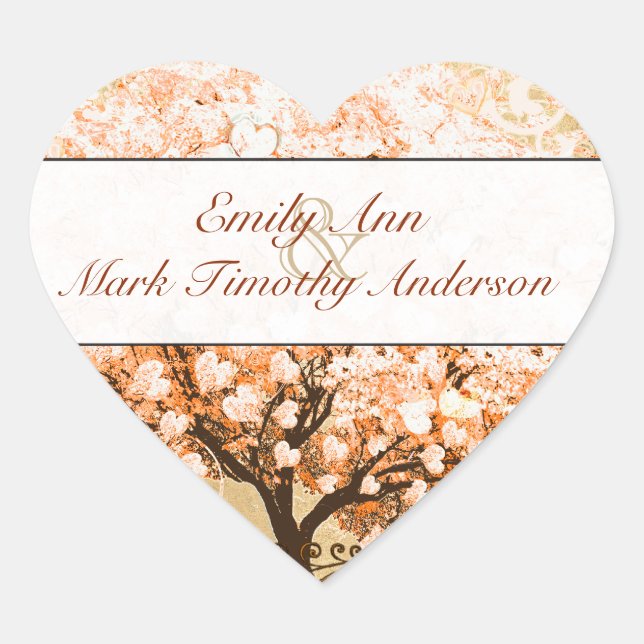 Coral Swirl Heart Leaf Tree Wedding Seal (Front)