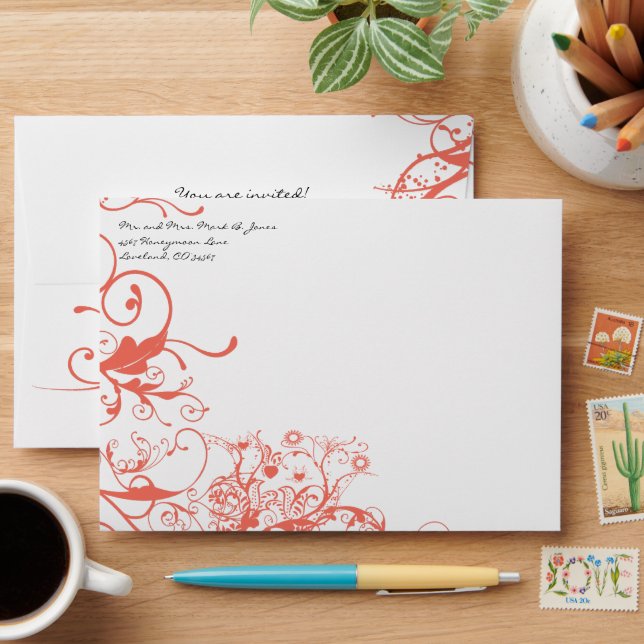 Coral Swirls Wedding Envelopes (Desk)