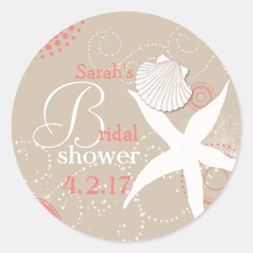 Coral Tan Beach Bridal Shower Classic Round Sticker