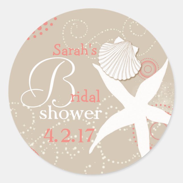 Coral Tan Beach Bridal Shower Classic Round Sticker (Front)
