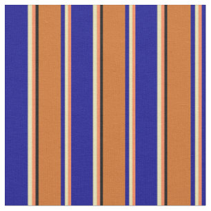 Coral, Tan, Dark Blue, Chocolate & Black Stripes Fabric