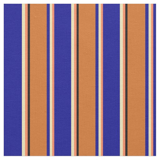 Coral, Tan, Dark Blue, Chocolate & Black Stripes Fabric