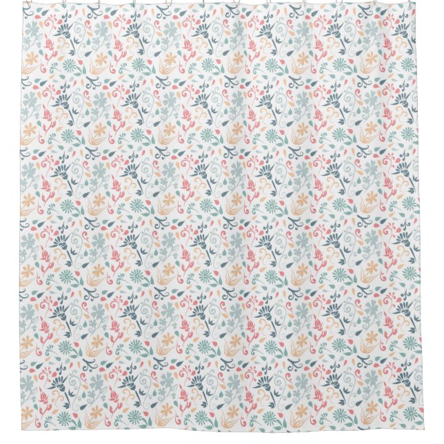 Coral, Teal and Gold Floral Swirls Shower Curtain (Front)