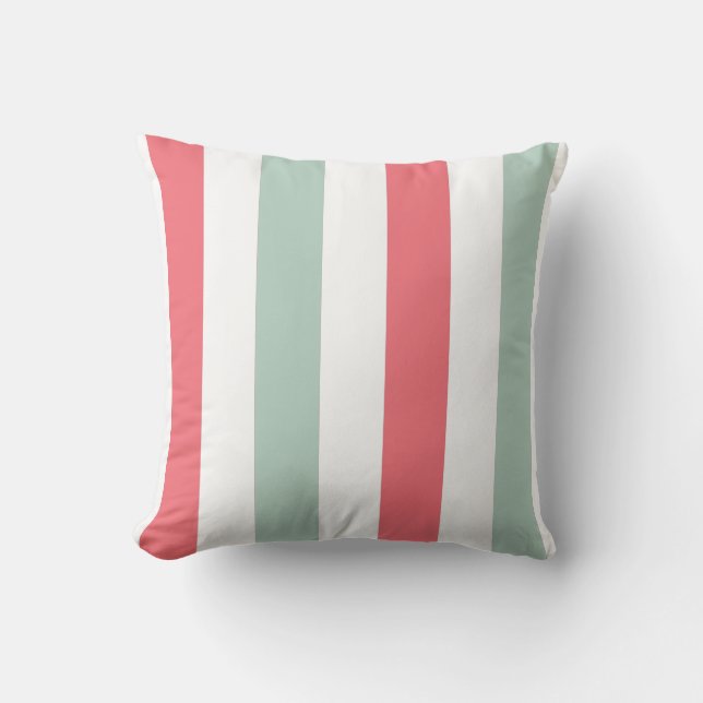 Coral, Teal and White Striped Throw Pillow (Front)