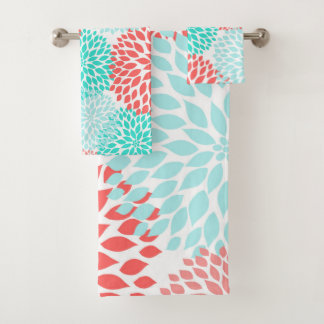 Coral Teal Aqua dahlia floral bath decor Bath Towel Set