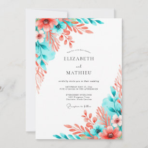 Coral Teal Artistic Bloom Wedding Invitation