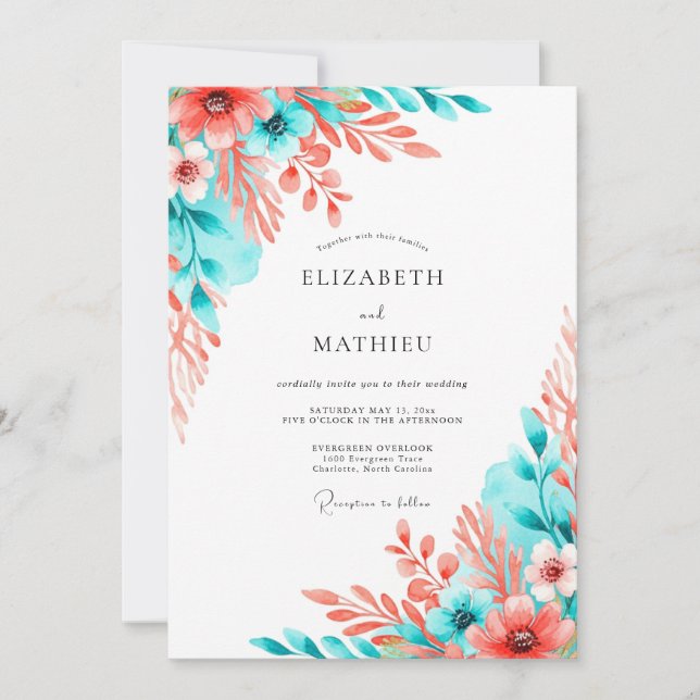 Coral Teal Artistic Bloom Wedding Invitation (Front)