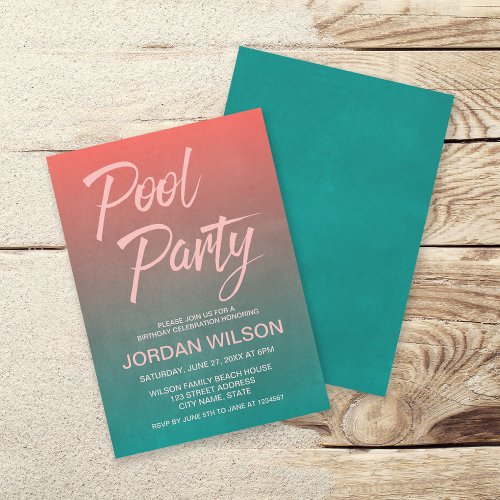 Coral Teal Birthday Anniversary Pool Party Invite