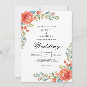 Coral Teal Bloom Flourish Wedding Invitation