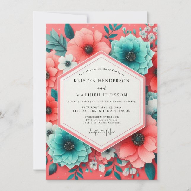Coral Teal Bloom Romance Wedding Invitation (Front)