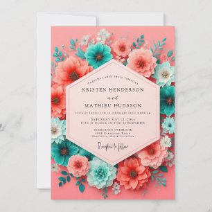 Coral Teal Bloom Whimsy Wedding Invitation