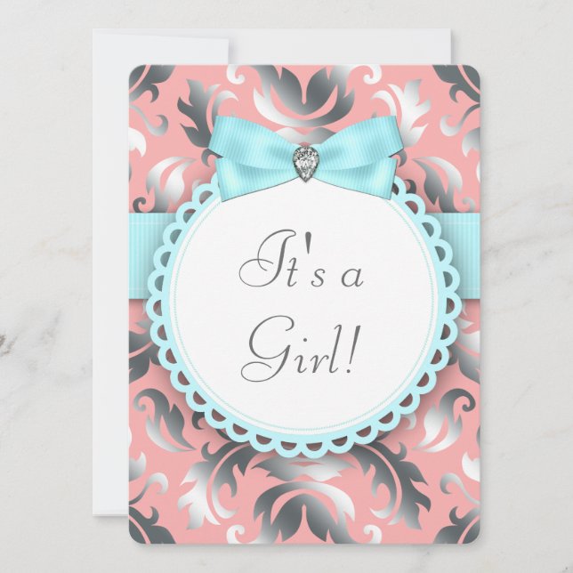 Coral Teal Blue and Gray Baby Girl Shower Invitation (Front)