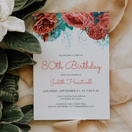 Coral Teal Blue Floral 80th Birthday Party Invitation