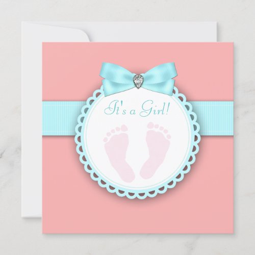 Coral Teal Blue Pink Footprint Baby Girl Shower Personalized Invites