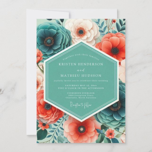 Coral Teal Bold Floral Wedding Invitation (Front)