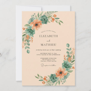 Coral Teal Botanical Flourish Wedding Invitation