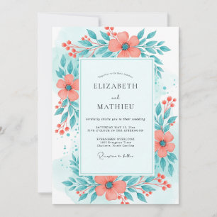 Coral Teal Bright Summer Wedding Invitation