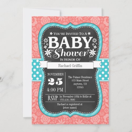 Coral Teal Chalkboard Floral Baby Shower Invite