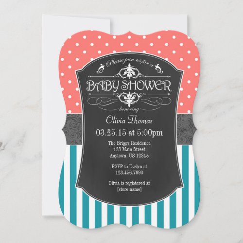 Coral Teal Chalkboard Stripes Baby Shower Invite