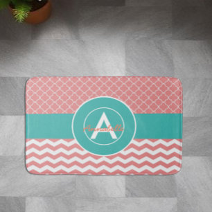 Coral Teal Chevron Quatrefoil Bathroom Mat