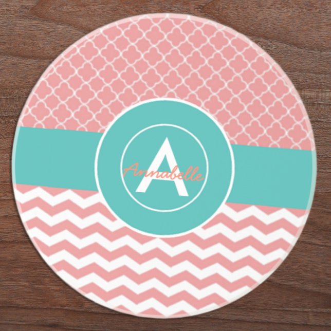 Coral Teal Chevron Quatrefoil Sandstone Coaster (Creator Uploaded)