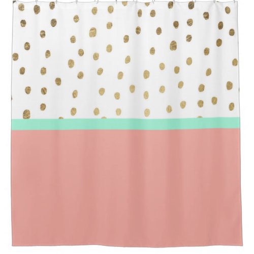 Coral teal color block gold foil polka dots shower curtain