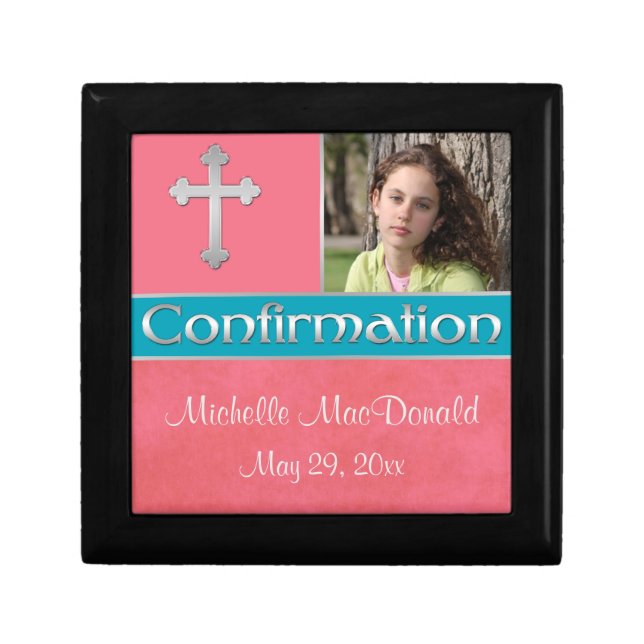 Coral, Teal Confirmation Keepsake Jewelry Box (Front)