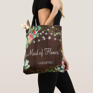 Coral teal floral barn wood lights maid of honor tote bag