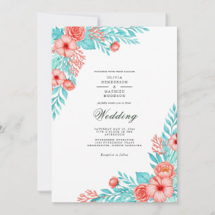 Coral Teal Floral Delight Wedding Invitation