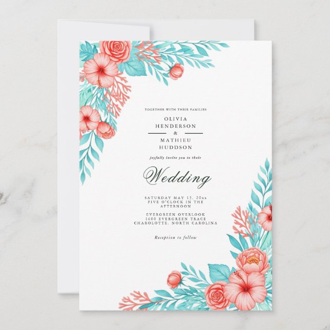 Coral Teal Floral Delight Wedding Invitation (Front)