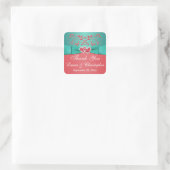 Coral, Teal Floral, Heart 1.5" Sq. Wedding Favor 2 Square Sticker (Bag)