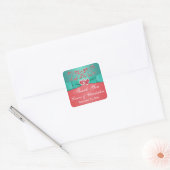Coral, Teal Floral, Heart 1.5" Sq. Wedding Favor 2 Square Sticker (Envelope)