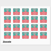 Coral, Teal Floral, Heart 1.5" Sq. Wedding Favor 2 Square Sticker (Sheet)