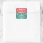 Coral, Teal Floral, Heart 1.5" Sq. Wedding Favor Square Sticker (Bag)