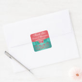 Coral, Teal Floral, Heart 1.5" Sq. Wedding Favor Square Sticker (Envelope)
