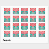 Coral, Teal Floral, Heart 1.5" Sq. Wedding Favor Square Sticker (Sheet)