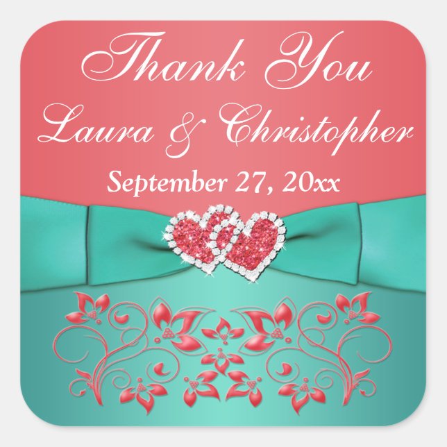 Coral, Teal Floral, Heart 1.5" Sq. Wedding Favor Square Sticker (Front)