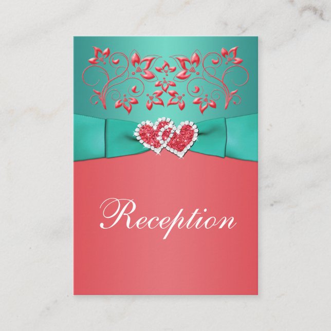 Coral, Teal Floral, Hearts Enclosure Card (Front)