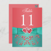 Coral, Teal Floral, Hearts Table Number Post Card (Front/Back)