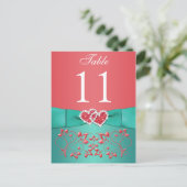 Coral, Teal Floral, Hearts Table Number Post Card (Standing Front)