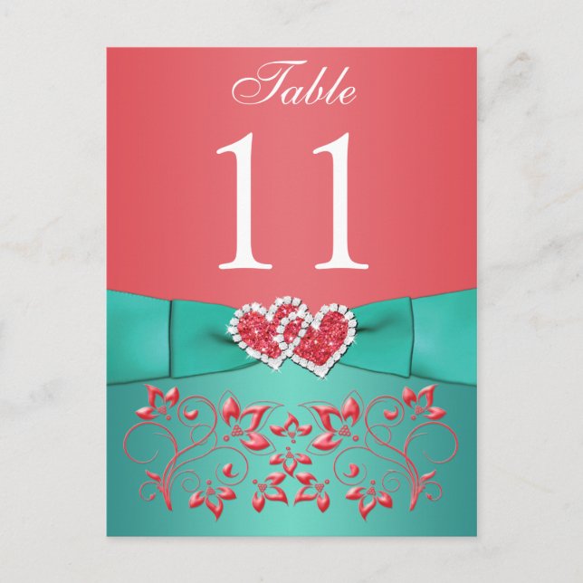 Coral, Teal Floral, Hearts Table Number Post Card (Front)