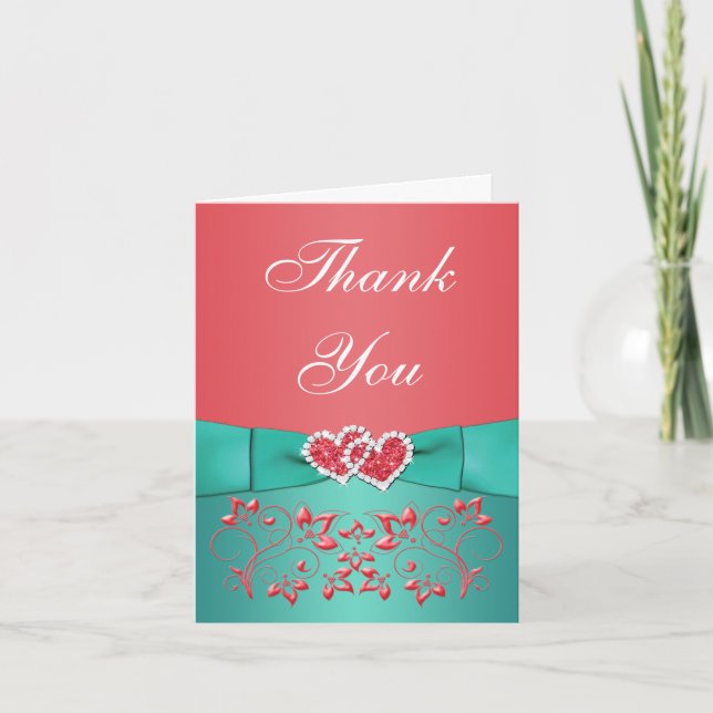 Coral, Teal Floral Hearts Thank You Note Card (Front)