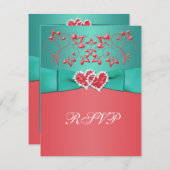 Coral, Teal Floral Joined Hearts RSVP Card (Front/Back)