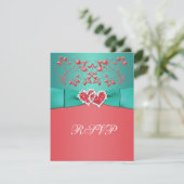 Coral, Teal Floral Joined Hearts RSVP Card (Standing Front)