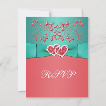 Coral  Teal Floral Joined Hearts Rsvp Card by NiteOwlStudio at Zazzle